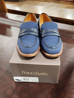Franco Sarto Navy Canvas and Brown Trim Penny Loafers